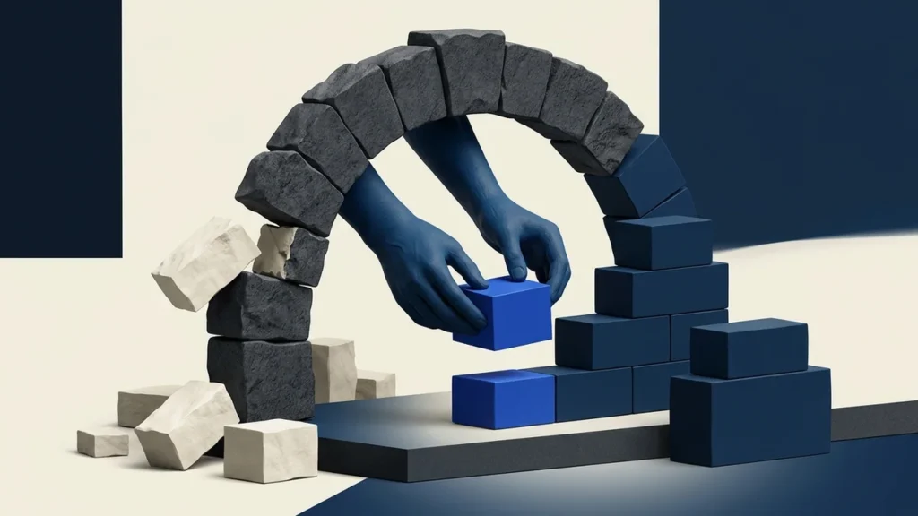 Illustration of blue hands assembling a structure made of blue and stone-textured blocks, representing construction or development.