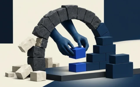 Illustration of blue hands assembling a structure made of blue and stone-textured blocks, representing construction or development.