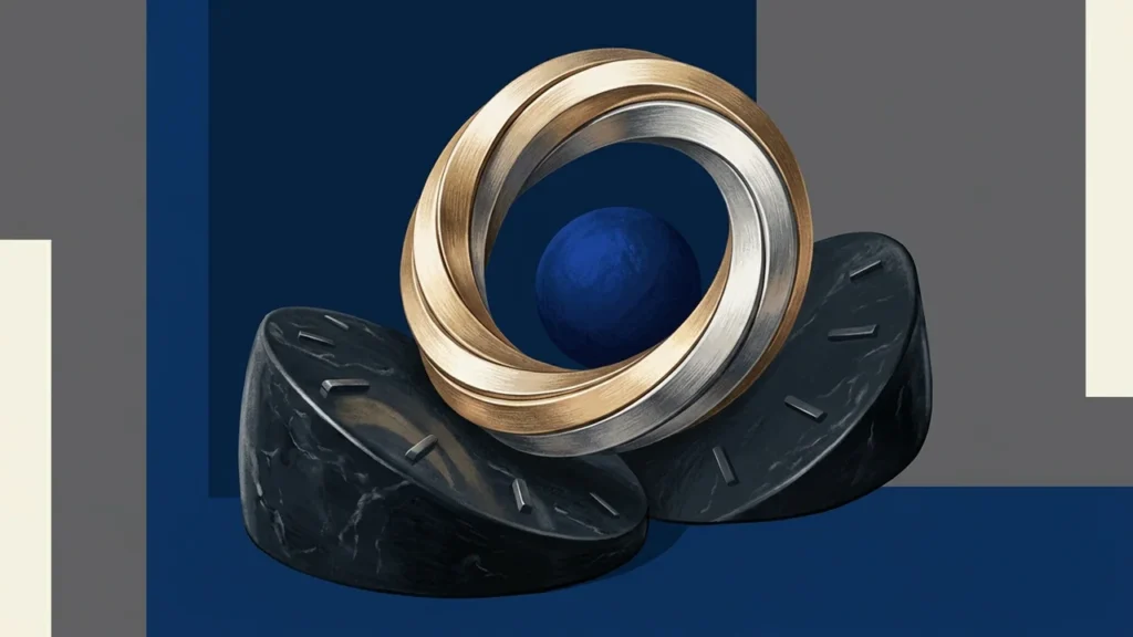 Illustration of a metallic gold and silver intertwined ring hovering above two dark marble segments resembling parts of a clock dial, with a solid blue sphere in the center against a geometric blue and grey background.