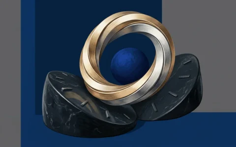 Illustration of a metallic gold and silver intertwined ring hovering above two dark marble segments resembling parts of a clock dial, with a solid blue sphere in the center against a geometric blue and grey background.
