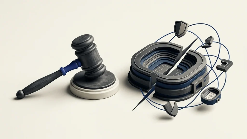 Illustration of a wooden judge's gavel next to a stylized, segmented sports stadium surrounded by floating shield icons and orbital lines.