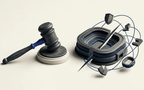 Illustration of a wooden judge's gavel next to a stylized, segmented sports stadium surrounded by floating shield icons and orbital lines.