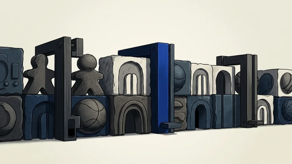 Illustration of a series of stone-like building blocks and architectural arches interspersed with game pieces and stylized sports balls, appearing like a complex, structured game or wall.