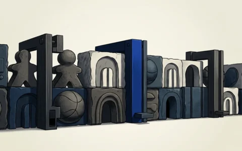 Illustration of a series of stone-like building blocks and architectural arches interspersed with game pieces and stylized sports balls, appearing like a complex, structured game or wall.