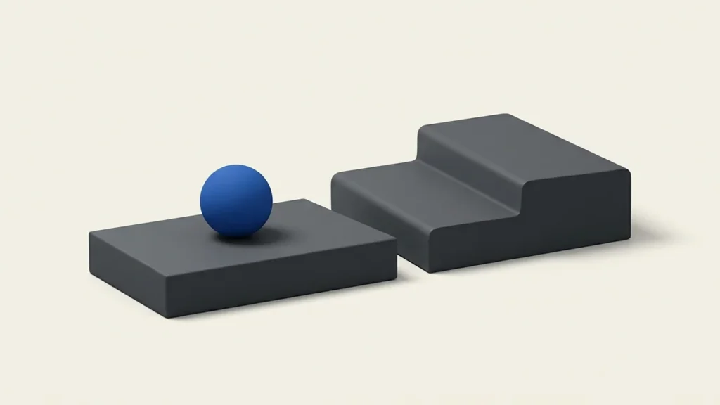 Illustration of a smooth blue sphere resting on a gray rectangular block next to a separate, taller stepped platform.