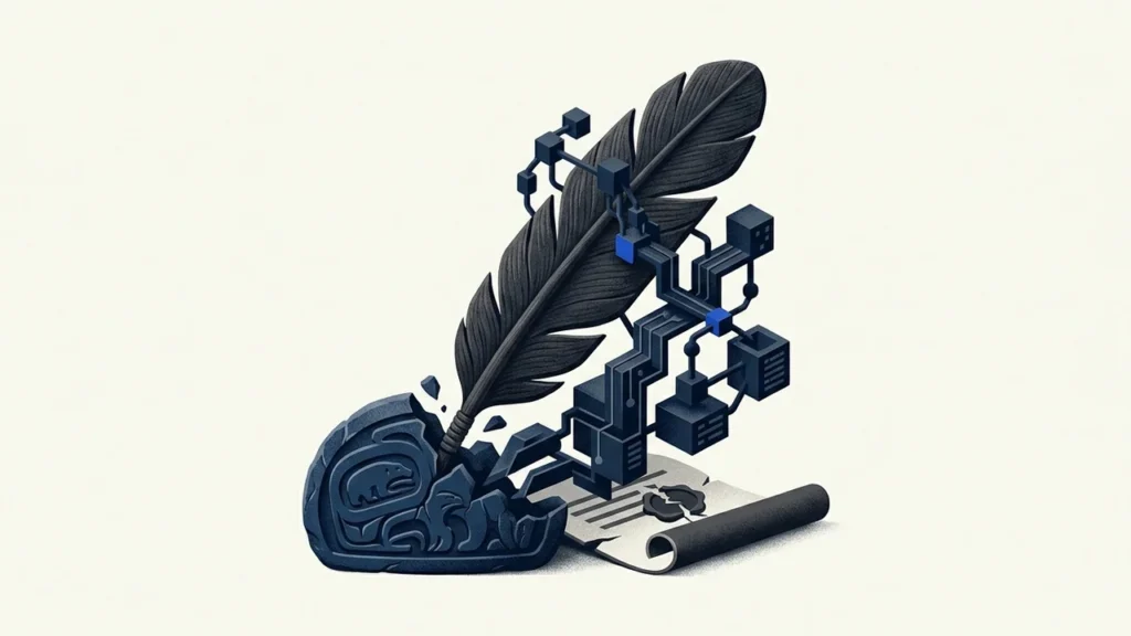 Illustration of a dark quill pen resting in a carved stone base, with digital circuit-like structures extending from the quill tip toward a scroll.