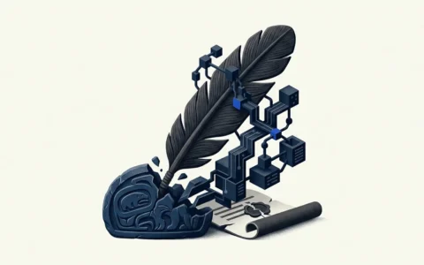 Illustration of a dark quill pen resting in a carved stone base, with digital circuit-like structures extending from the quill tip toward a scroll.