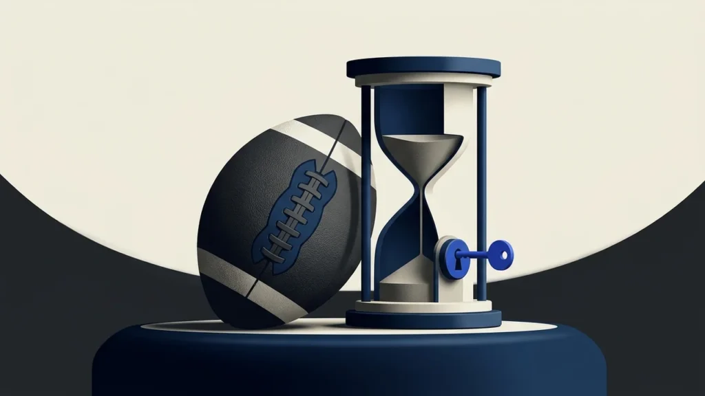 Illustration of a football positioned next to an hourglass that features a lock and key mechanism.