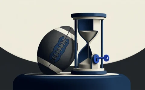 Illustration of a football positioned next to an hourglass that features a lock and key mechanism.