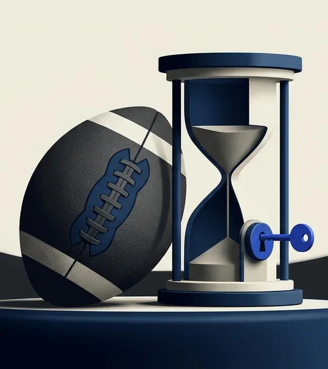 Illustration of a football positioned next to an hourglass that features a lock and key mechanism.