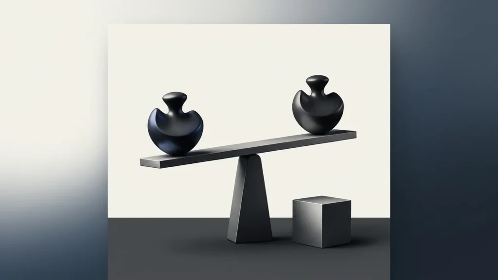 Illustration of a balance scale with abstract black forms resting on a surface, next to a grey cube on a dark platform.