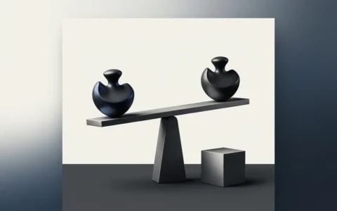 Illustration of a balance scale with abstract black forms resting on a surface, next to a grey cube on a dark platform.