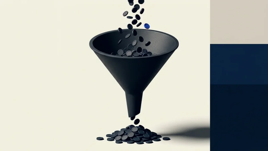 Illustration of a black funnel receiving a stream of small dark coins, with a single blue coin among them, collecting into a pile at the bottom against a light background.