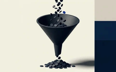 Illustration of a black funnel receiving a stream of small dark coins, with a single blue coin among them, collecting into a pile at the bottom against a light background.