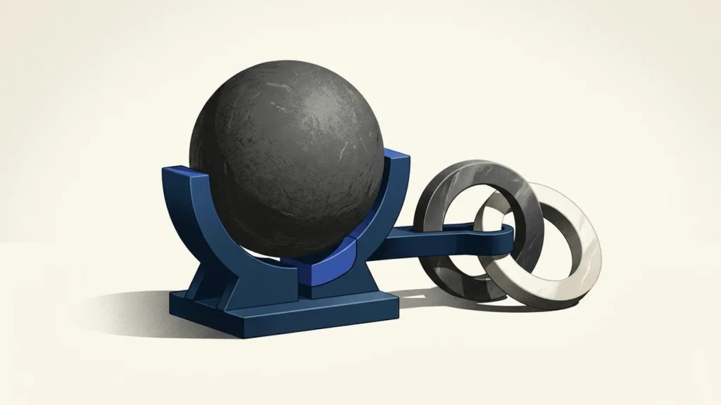 Illustration of a dark sphere resting in a blue cradle, with metal rings extending from one side.