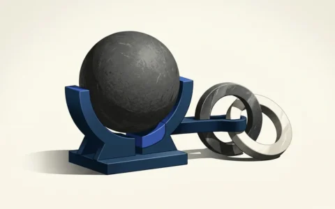Illustration of a dark sphere resting in a blue cradle, with metal rings extending from one side.