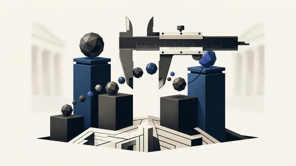 Illustration of a caliper measuring a series of floating geometric spheres above pedestals set against a minimalist architectural background.