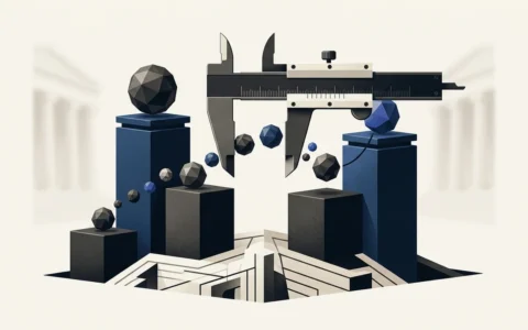 Illustration of a caliper measuring a series of floating geometric spheres above pedestals set against a minimalist architectural background.