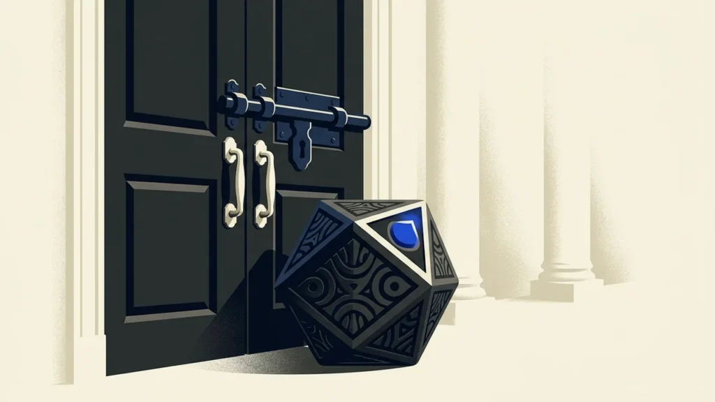 Illustration of a geometric polyhedral object resting in front of a locked, dark double door set between classical architectural columns.