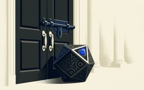 Illustration of a geometric polyhedral object resting in front of a locked, dark double door set between classical architectural columns.