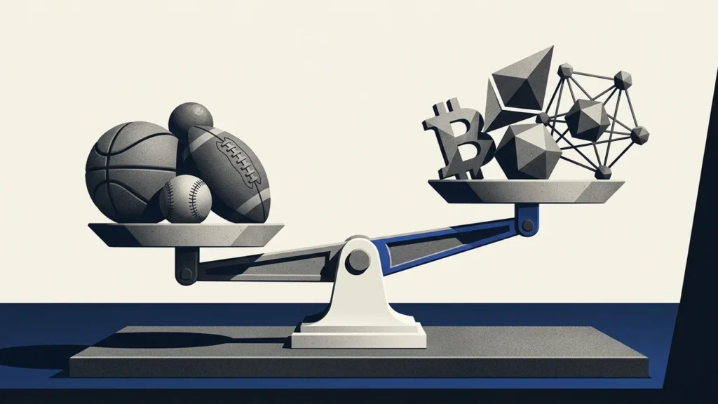 Illustration of a balance scale with sports balls, including a basketball and football, on one side, and various cryptocurrency symbols and geometric shapes on the other side.