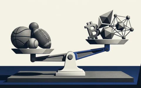 Illustration of a balance scale with sports balls, including a basketball and football, on one side, and various cryptocurrency symbols and geometric shapes on the other side.