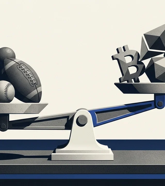 Illustration of a balance scale with sports balls, including a basketball and football, on one side, and various cryptocurrency symbols and geometric shapes on the other side.