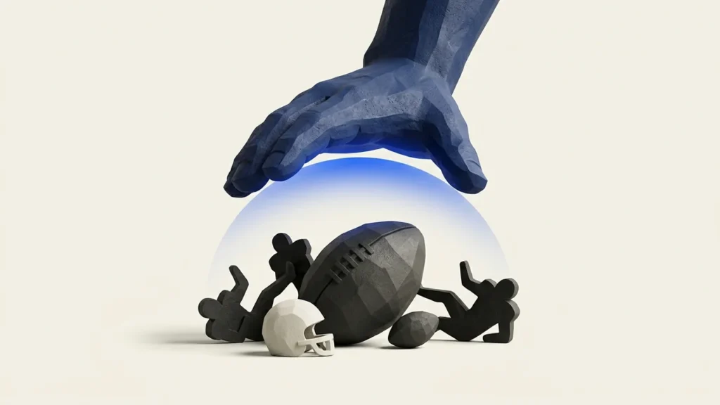 Illustration of a large, stylized blue hand hovering over a protective translucent dome covering a miniature American football, a helmet, and abstract player figures.