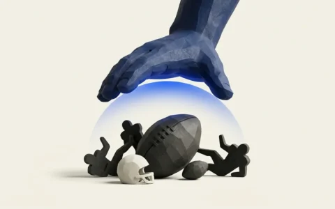 Illustration of a large, stylized blue hand hovering over a protective translucent dome covering a miniature American football, a helmet, and abstract player figures.