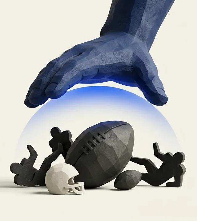 Illustration of a large, stylized blue hand hovering over a protective translucent dome covering a miniature American football, a helmet, and abstract player figures.