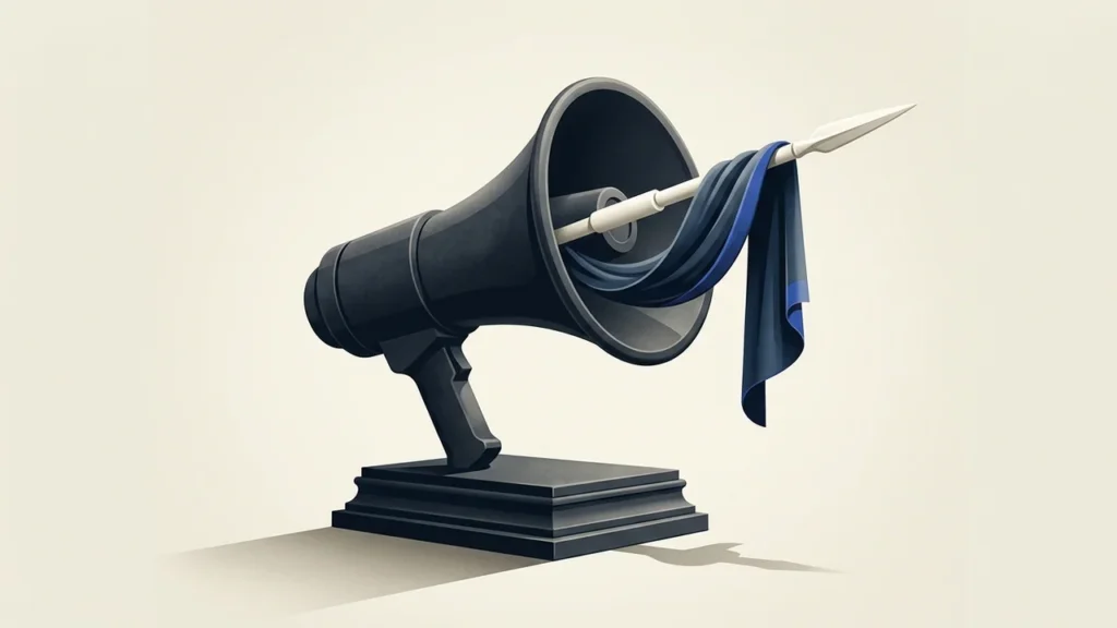 Illustration of a black megaphone sitting on a pedestal, with a silver spear piercing through its center, holding a piece of dark blue fabric that drapes downwards.