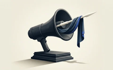 Illustration of a black megaphone sitting on a pedestal, with a silver spear piercing through its center, holding a piece of dark blue fabric that drapes downwards.