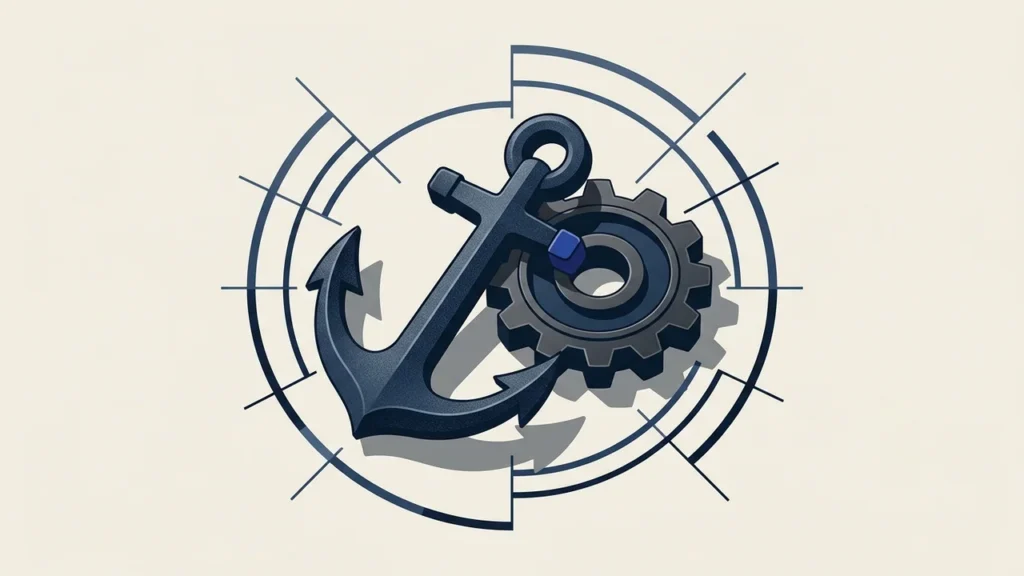 Illustration of a dark blue anchor and a mechanical gear positioned against a background of thin, concentric circular lines.