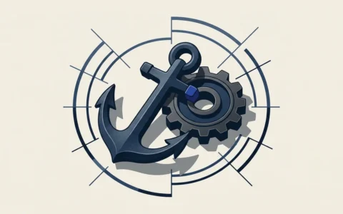 Illustration of a dark blue anchor and a mechanical gear positioned against a background of thin, concentric circular lines.