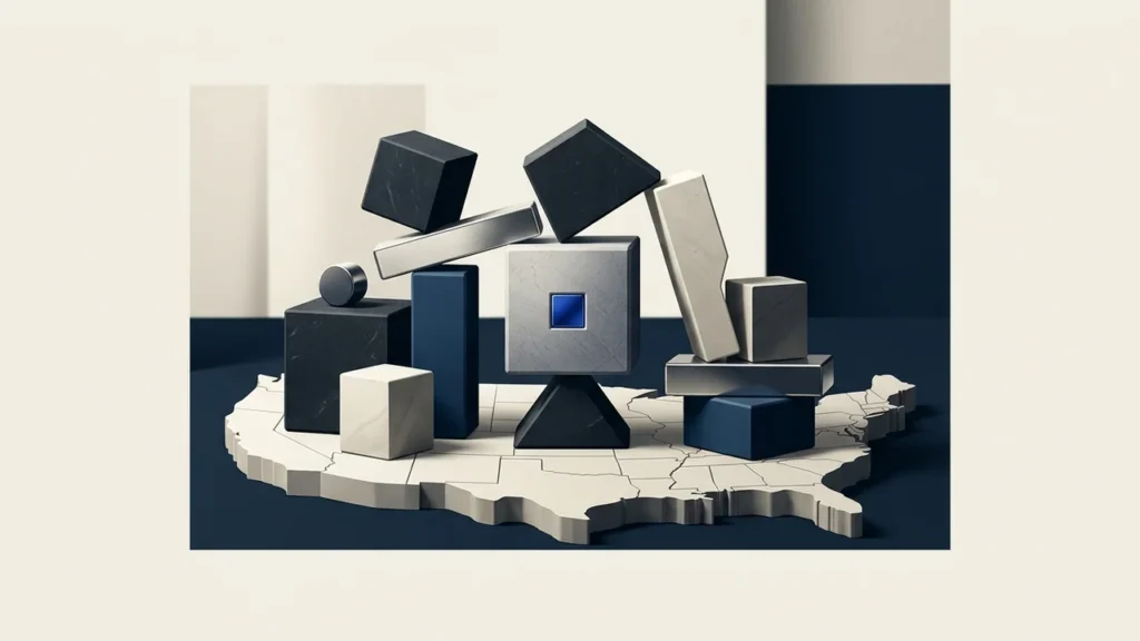 Illustration of a collection of geometric stone and metal blocks balanced on top of a 3D relief map of the United States.