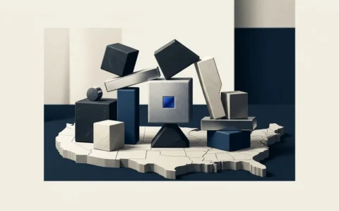 Illustration of a collection of geometric stone and metal blocks balanced on top of a 3D relief map of the United States.