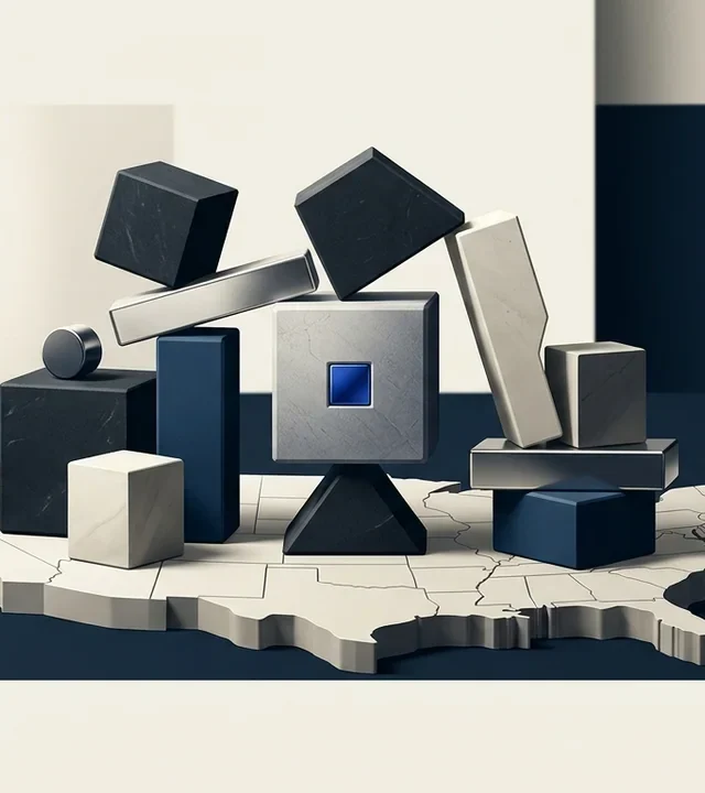 Illustration of a collection of geometric stone and metal blocks balanced on top of a 3D relief map of the United States.