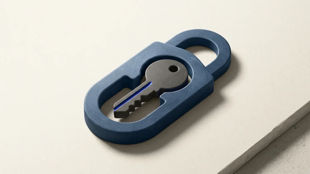 Illustration of a metallic grey key resting inside a blue, rounded-rectangular frame against a neutral background.