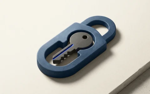 Illustration of a metallic grey key resting inside a blue, rounded-rectangular frame against a neutral background.