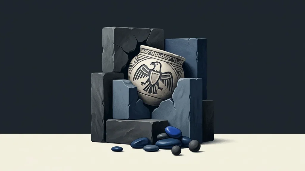 Illustration of a decorated ceramic pot with a stylized eagle motif nestled within a structure of dark, stacked stone blocks, with smooth blue and black stones arranged in the foreground.