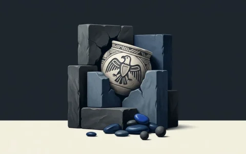 Illustration of a decorated ceramic pot with a stylized eagle motif nestled within a structure of dark, stacked stone blocks, with smooth blue and black stones arranged in the foreground.