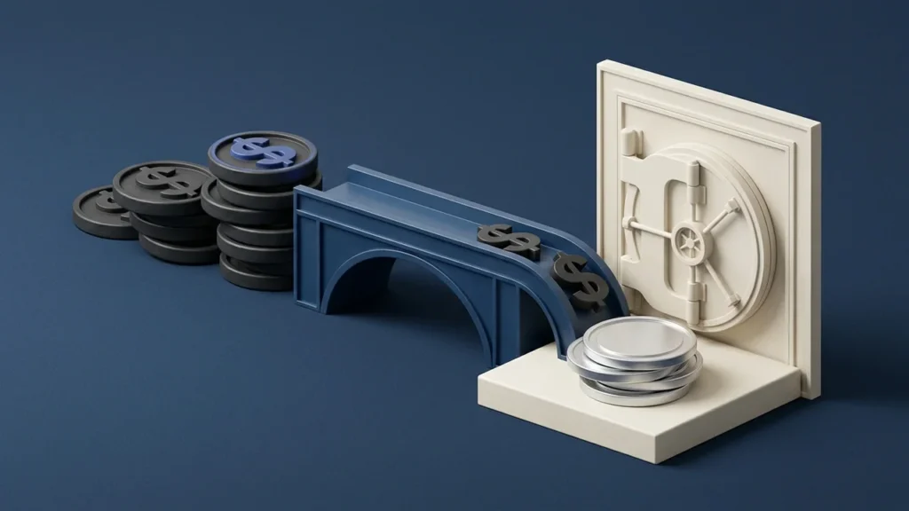 Illustration of a blue bridge connecting a stack of dark coins to a light-colored bank vault, with stylized dollar symbols resting on the bridge and the floor.