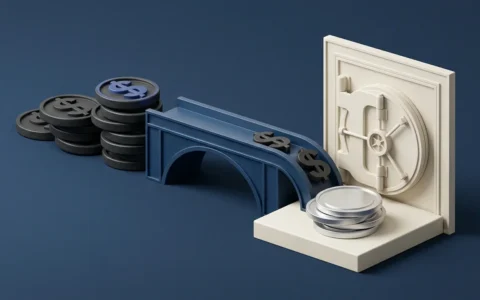 Illustration of a blue bridge connecting a stack of dark coins to a light-colored bank vault, with stylized dollar symbols resting on the bridge and the floor.