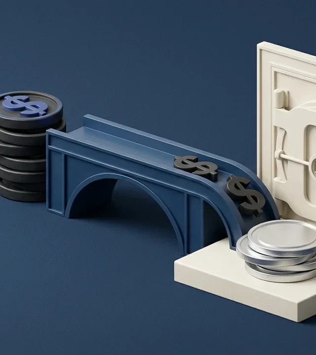 Illustration of a blue bridge connecting a stack of dark coins to a light-colored bank vault, with stylized dollar symbols resting on the bridge and the floor.