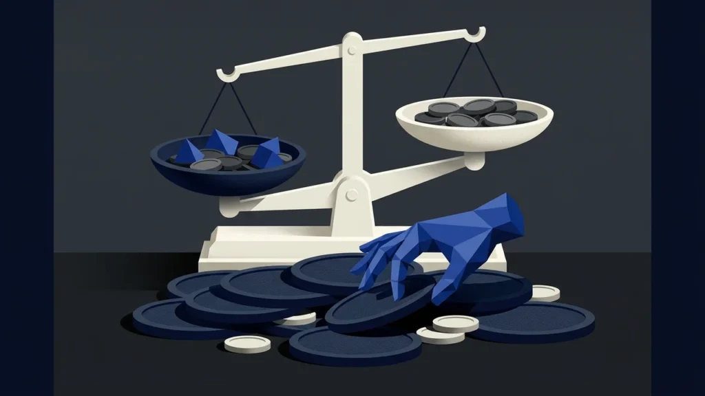 Illustration of a stylized balance scale holding geometric shapes and circular tokens, with a geometric blue hand reaching toward a pile of tokens on the surface below.