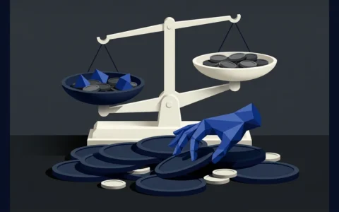 Illustration of a stylized balance scale holding geometric shapes and circular tokens, with a geometric blue hand reaching toward a pile of tokens on the surface below.