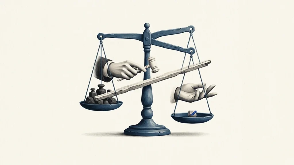Illustration of a judicial scale where a gavel-wielding hand presses down on one side filled with weights, while a bare hand holds up the opposing, lighter side.