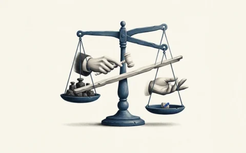 Illustration of a judicial scale where a gavel-wielding hand presses down on one side filled with weights, while a bare hand holds up the opposing, lighter side.
