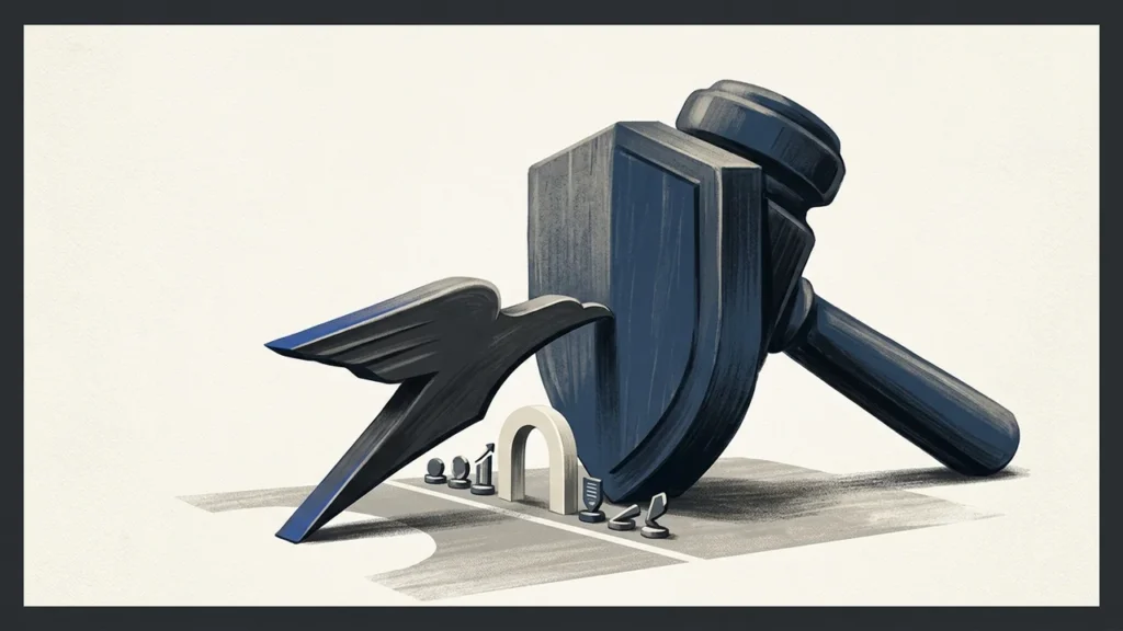 Illustration of a dark-colored shield placed in front of a wooden gavel, with a stylized bird figure positioned to the left, all set against a neutral, light background.