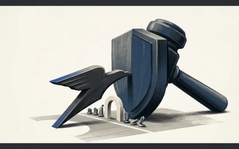 Illustration of a dark-colored shield placed in front of a wooden gavel, with a stylized bird figure positioned to the left, all set against a neutral, light background.
